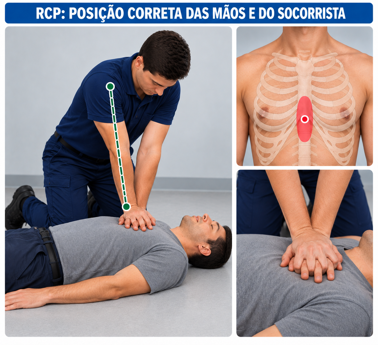 Posição correta do socorrista ao lado da vítima durante a RCP, com as mãos no centro do tórax sobre a metade inferior do esterno e os braços estendidos