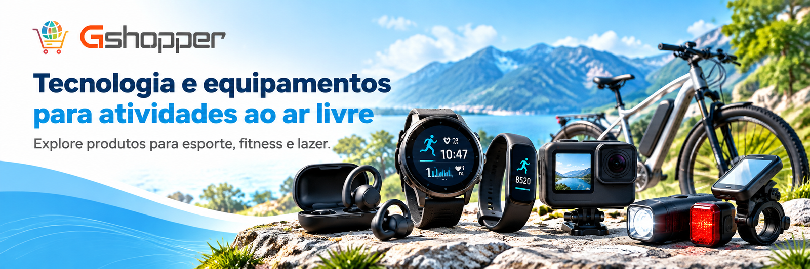 Tecnologia e equipamentos para atividades ao ar livre, incluindo relógios esportivos, câmeras e bicicletas